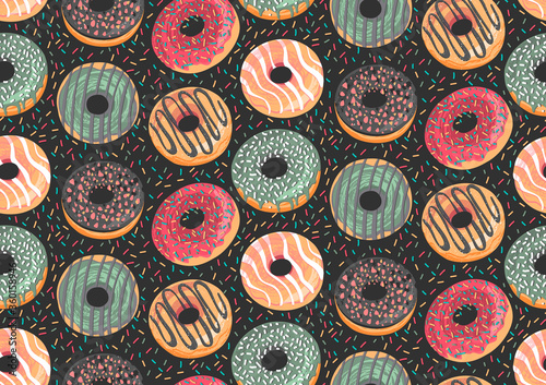 Vector seamless pattern with colorful donuts. Glaze, sprinkle and chocolate donuts with hand drawn texture.