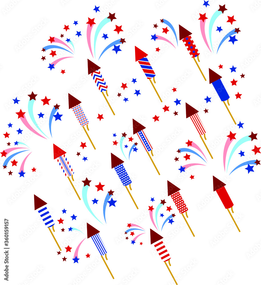 Obraz premium Seamless pattern with fireworks USA national flag and Fourth of July independence day symbols set vector image