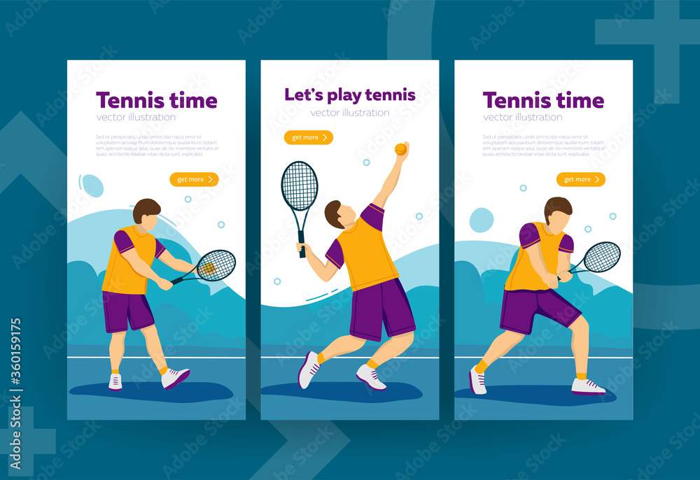 Set of banners tennis player with tennis racket, flat style vector illustration. Banner, site, poster template with copy text space. Sport concept.