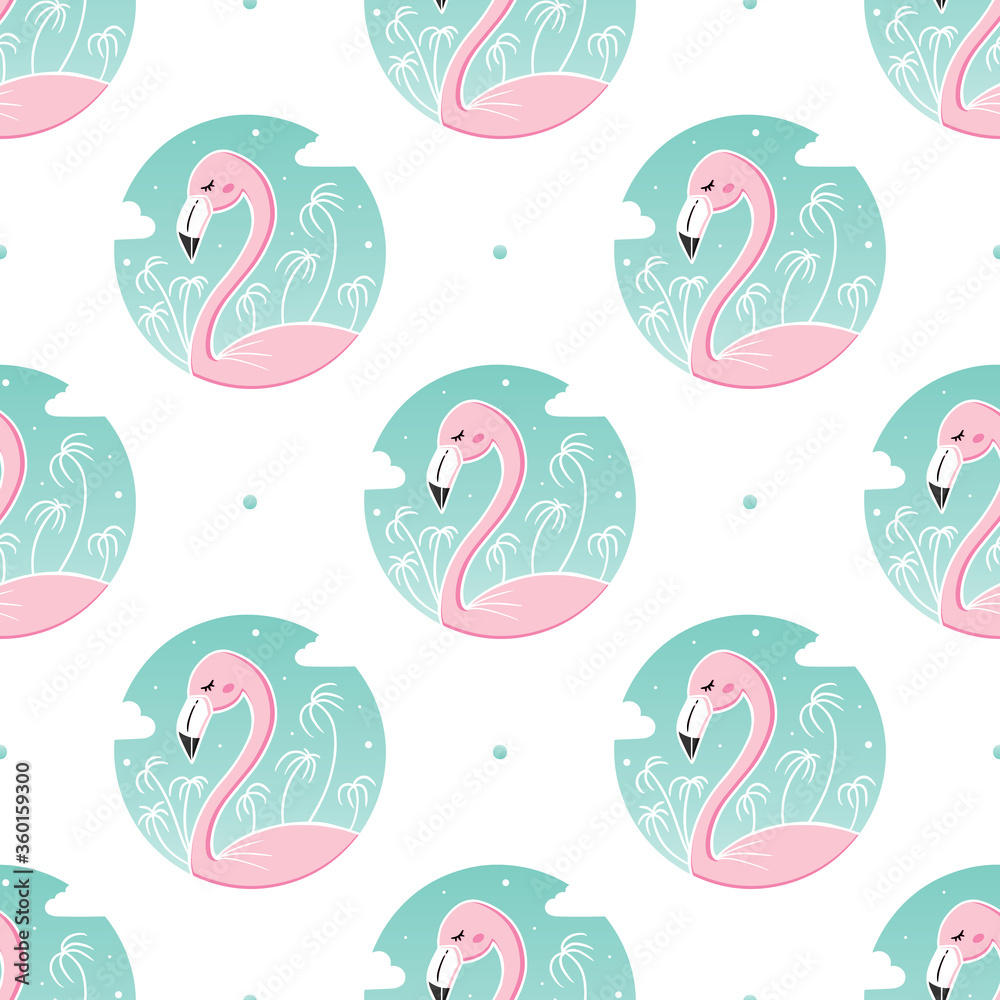 Pink tropical flamingo with palm trees and clouds in round frame vector seamless pattern background.
