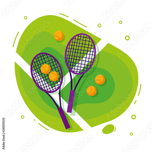 Tennis rackets and balls on the court grass, flat style vector illustration. Sport concept.