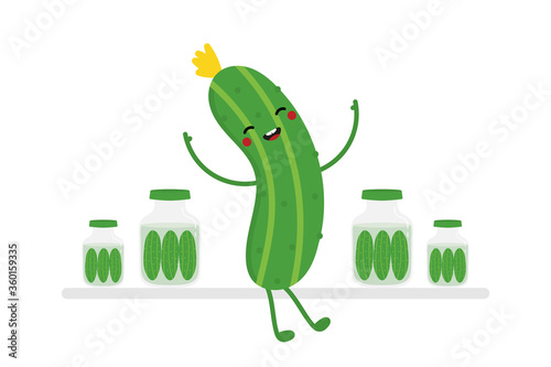 Happy and cute fresh cucumber character sitting in front of pickles jars. Preserves for winter time concept.