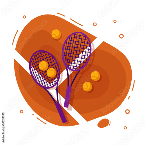 Tennis rackets and balls on the court grass, flat style vector illustration. Sport concept.