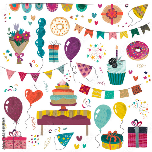 Vector Happy Birthday party elements set - holiday cake  presents  gifts  muffins  cupcakes  balloons  hat  decor.