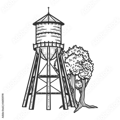 Water tower sketch engraving vector illustration. T-shirt apparel print design. Scratch board imitation. Black and white hand drawn image.