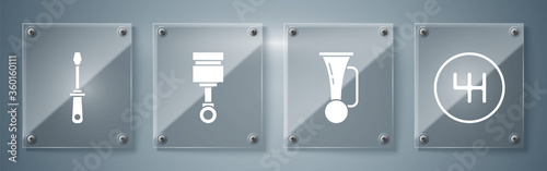 Set Gear shifter, Signal horn on vehicle, Engine piston and Screwdriver. Square glass panels. Vector.