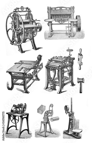 Book binding machines or equipment collage / Antique engraved illustration from Brockhaus Konversations-Lexikon 1908 
