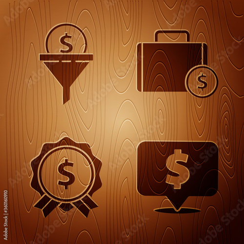 Set Speech bubble with dollar, Lead management, Price tag with dollar and Briefcase and money on wooden background. Vector.
