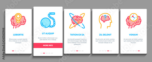 Dementia Brain Disease Onboarding Mobile App Page Screen Vector. Dementia Mind Degenerative Illness, Memory Loss And Poor Speech Pronunciation Color Illustrations