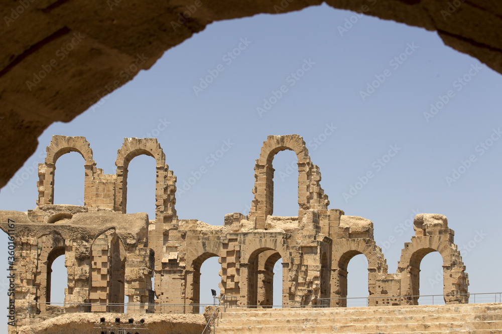 The ruins of the ancient amphitheater in El Jem, Tunisia