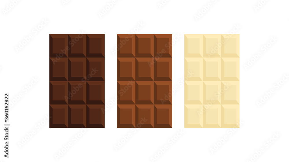 A set of chocolate bars. White, milk and black chocolates. Vector illustration
A set of chocolate bars. White, milk and black chocolates. Vector illustration