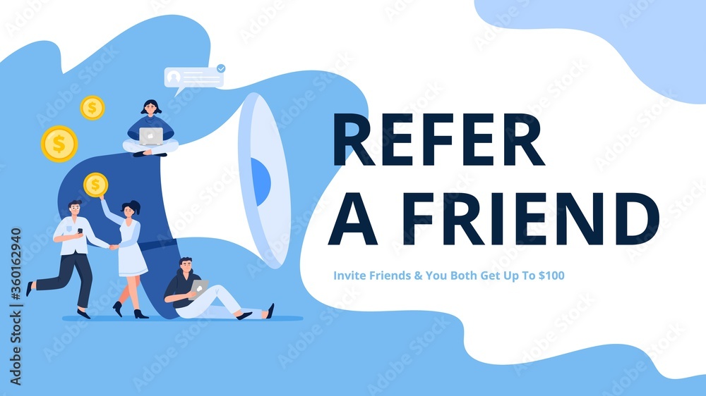 People invite friends to a loyalty program. A concept with a giant megaphone. Refer a friend. Trendy flat vector illustration for banners, landing page template, mobile app. People invite friends to a loyalty program. A concept with a giant megaphone. Refer a friend. Trendy flat vector illustration for banners, landing page template, mobile app.