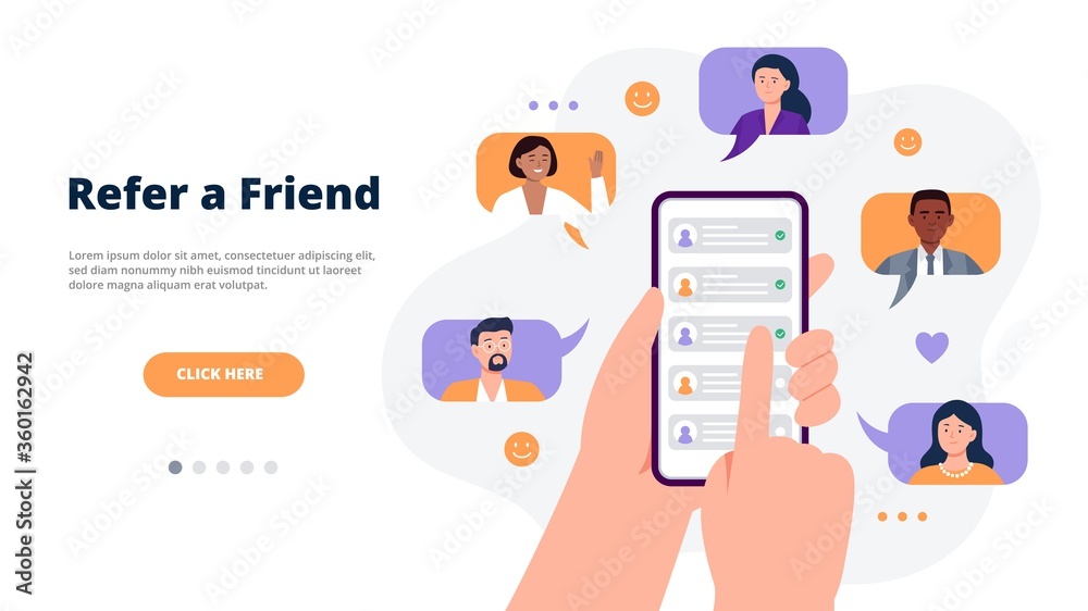 Referral program concept. Hands holding a phone with contacts of friends. Social media marketing for friends. Trendy flat vector illustration for banners, landing page template, mobile app. - obrazy, fototapety, plakaty 