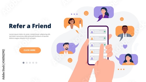 Referral program concept. Hands holding a phone with contacts of friends. Social media marketing for friends. Trendy flat vector illustration for banners, landing page template, mobile app.