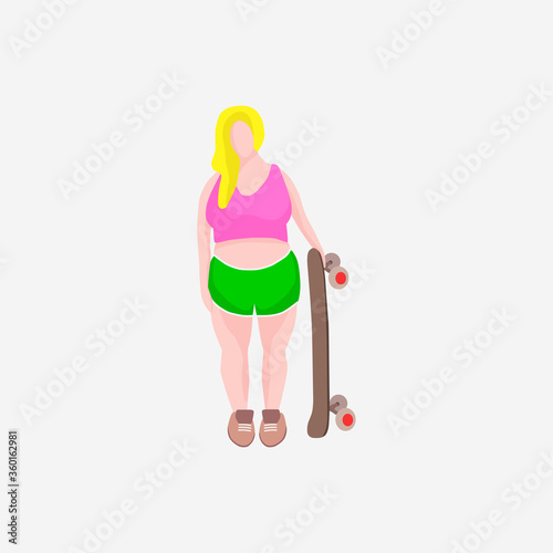 Vector illustration of an overweight woman with a skateboard in hand on a white background in a flat style. Happy body positive concept.