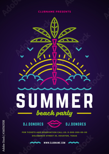 Summer beach party flyer or poster template neon signage lights typography style design.