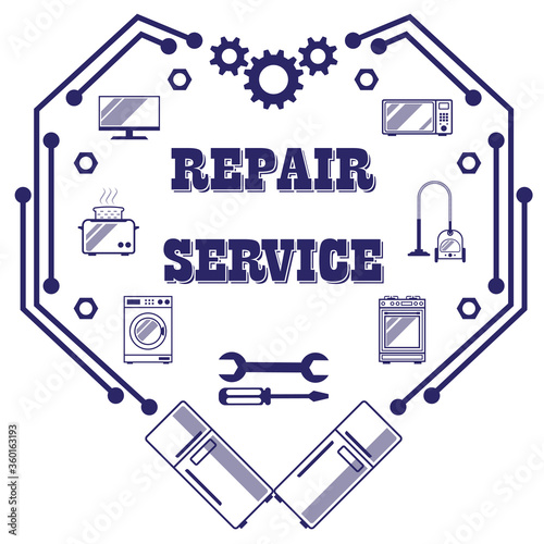 Repair service, diagnostics and maintenance of kitchen, household appliances - stylish retro logo in the form of a mechanical, digital heart. Vector