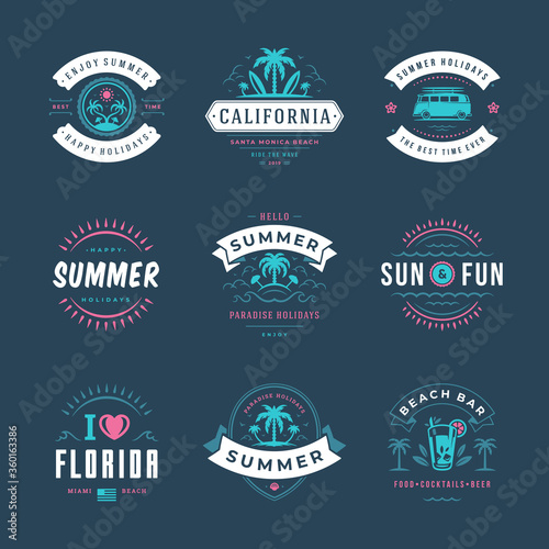 Summer holidays labels and badges retro typography design set.