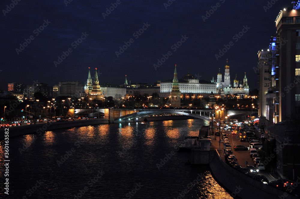 Evening panorama of the Moscow River, the Kremlin of the Big Stone Bridge. View from the Patriarchal bridge. Autumn in Moscow.