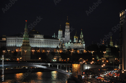 Evening panorama of the Moscow River, the Kremlin of the Big Stone Bridge. View from the Patriarchal bridge. Autumn in Moscow.