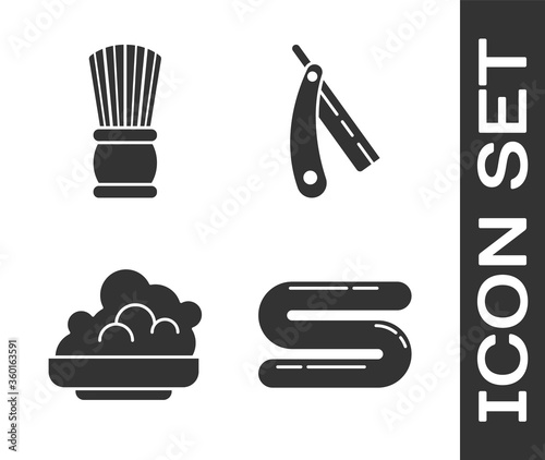 Set Towel, Shaving brush, Shaving gel foam and Straight razor icon. Vector.
