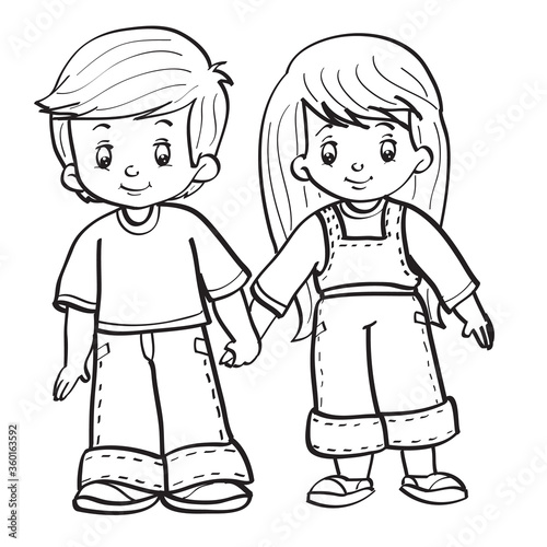 girl and boy stand and hold hands, sketch, isolated object on white background, vector illustration,