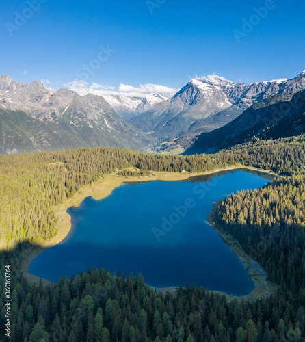 Valtellina, lake Palù in Valmalenco. Aerial view from a drone