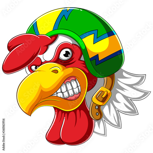 Angry rooster wearing helmet of Racer