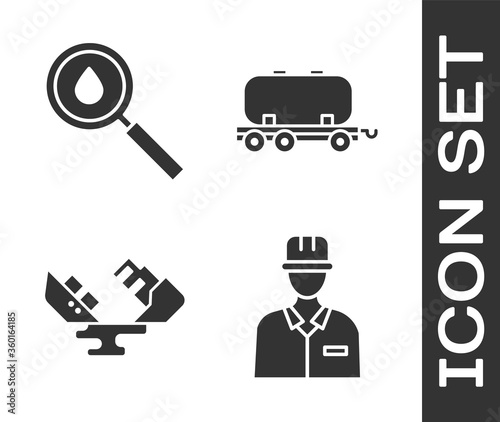 Set Oilman, Oil drop, Wrecked oil tanker ship and Oil railway cistern icon. Vector.