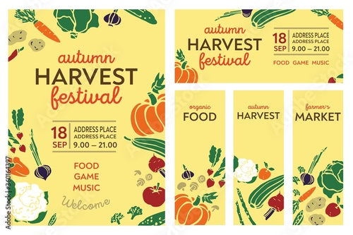 Autumn harvest festival poster, invitations, banners. Color vintage hand-drawn cartoon vector illustration. For registration of farmer's markets, festivals of organic food.