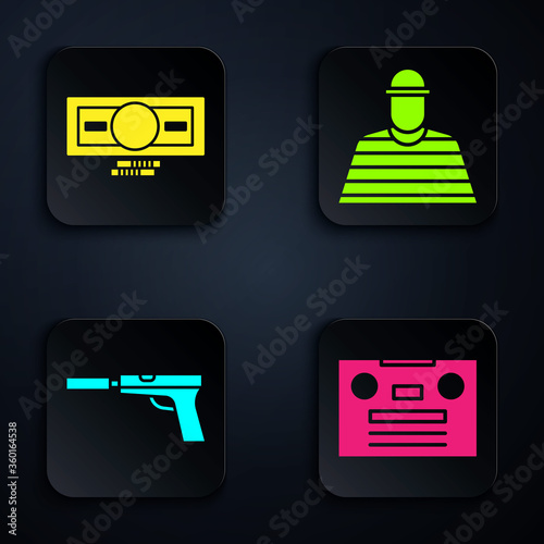 Set Retro audio cassette tape, Stacks paper money cash, Pistol or gun with silencer and Prisoner. Black square button. Vector.