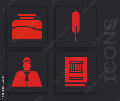 Set Law book, Inkwell, Feather pen and Lawyer, attorney, jurist icon. Vector Illustration
