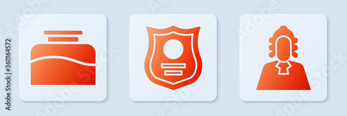 Set Police badge, Inkwell and Judge. White square button. Vector.