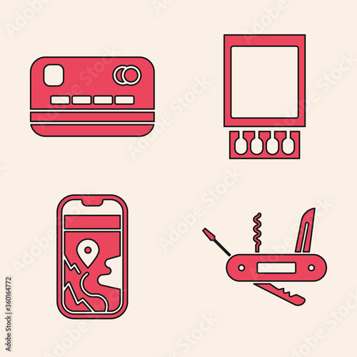 Set Swiss army knife, Credit card, Open matchbox and matches and City map navigation icon. Vector.
