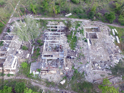 The destruction of the remnants of communism (drone image).Totally marauded and vandalised by ukrainian patriots after Revolution Dignity in 2014 kids summer camp. Kiev region. Ukraine photo