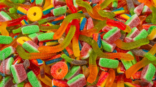 Assorted gummy candies. Top view. Jelly sweets background.