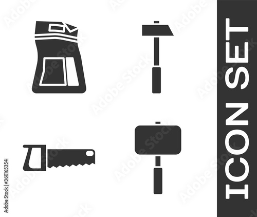 Set Sledgehammer, Cement bag, Hand saw and Hammer icon. Vector.