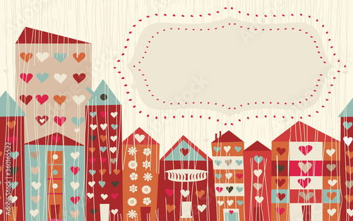 Valentine card with colorful doodle hearts. Seamless city in love. Vector illustration