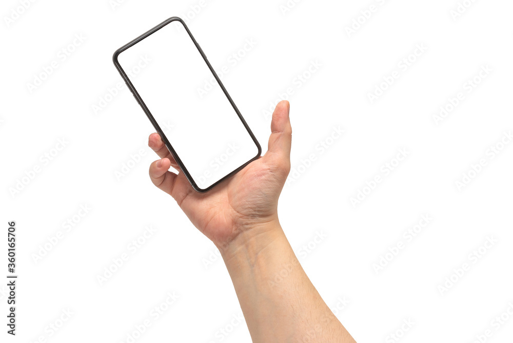 Smart phone in man hand isolated on white background. White screen. Smart phone in man hand isolated on white background. White screen.