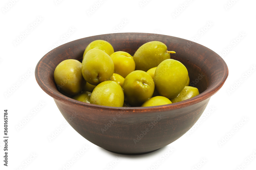 Olives in ceramic brown bowl isolated on white Olives in ceramic brown bowl isolated on white