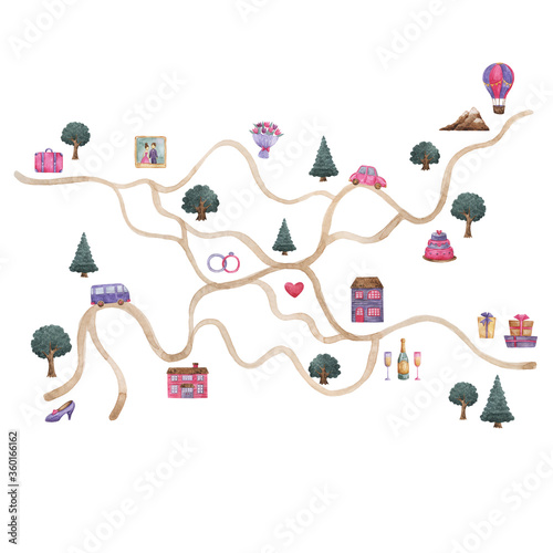 Watercolor set to create a route map