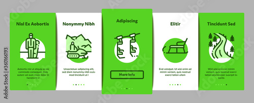 Ski Resort Vacation Onboarding Mobile App Page Screen Vector. Ski Snow Track And Shoe, Protective Glasses And Sled, Chairlift Cableway And Cabin Color Illustrations