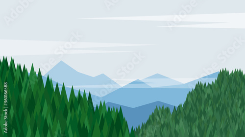 Vector illustration. Natural scene. Forest and mountain. Green and blue color. Environment backdrop. Wavy pattern water. Minimalist wallpaper. Flat background. Panorama. Polygonal hills. Clear sky