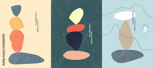 Abstract vector illustration. Stone balancing concept. Minimalist shapes. Linear curved pattern. Old paper with scratches effect. Design for cover, poster, brochure, gift card. Flat color background