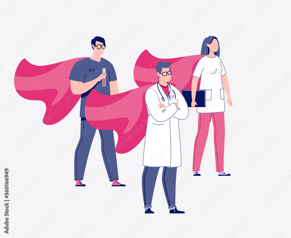 Doctor, laboratory assistant, nurse in cloaks of superheroes. Vector. Illustration in a flat cartoon style.