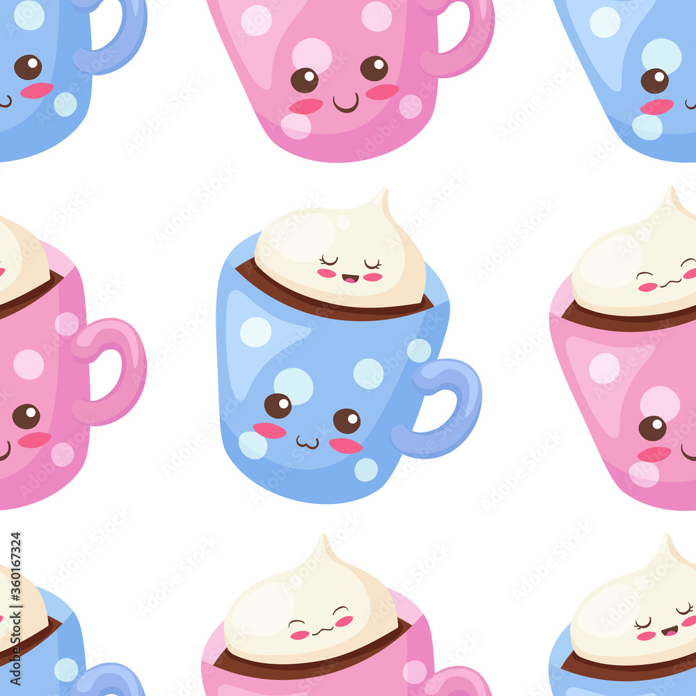 Cute seamless vector pattern with pink & blue cups of coffee with cream. Kawaii food characters illustration isolated on white background. Repeating background design for coffee shop, wrapping paper. Cute seamless vector pattern with pink & blue cups of coffee with cream. Kawaii food characters illustration isolated on white background. Repeating background design for coffee shop, wrapping paper.