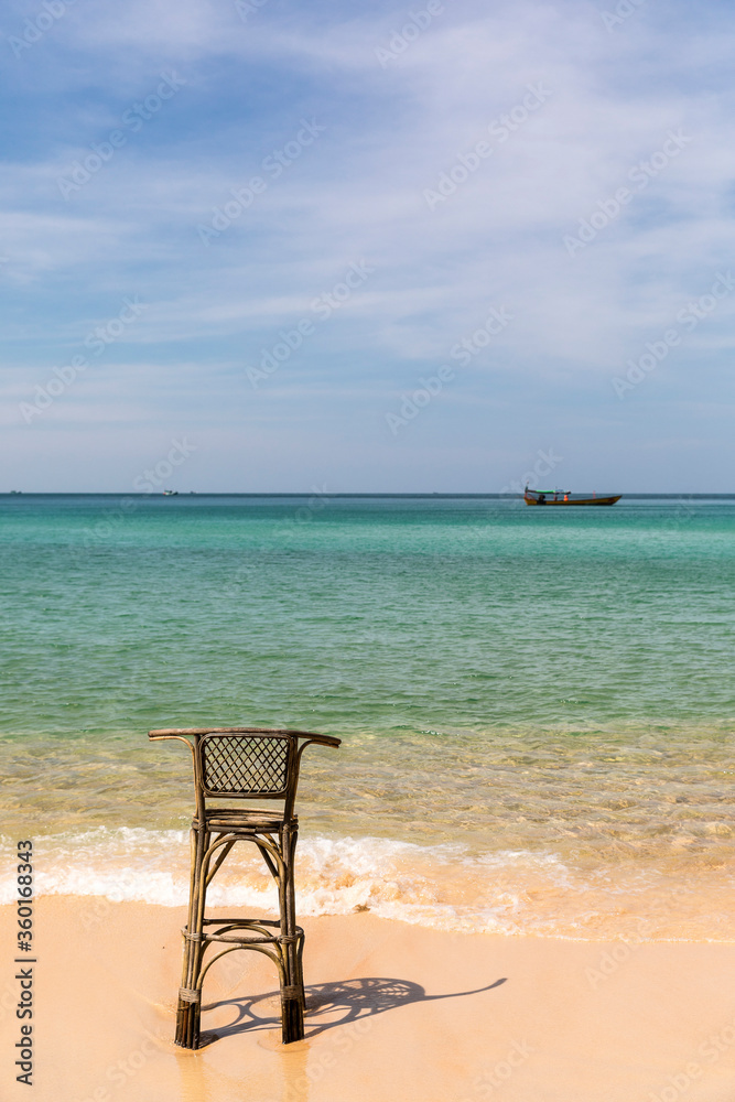 Bamboo Chair and Boat, Sunset beach, Koh Rong Samloem island, Sihanoukville, Cambodia.