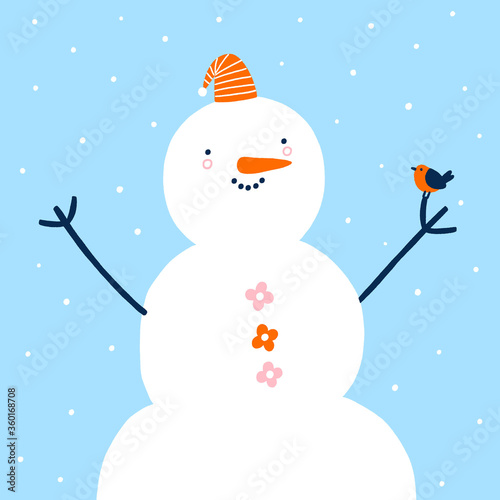 Funny snowman with a cute little bird, vector illustration
