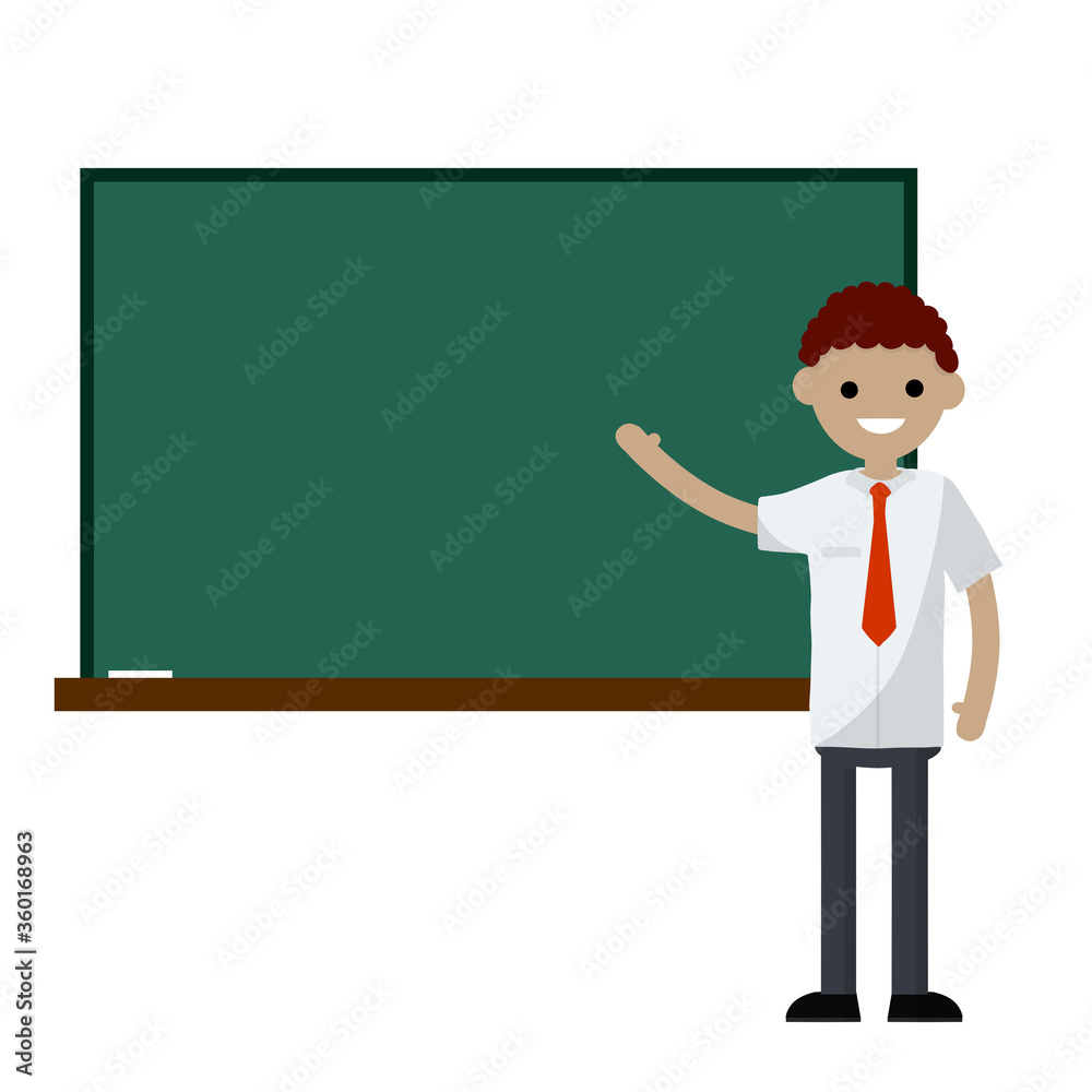 School teacher stands near blackboard. Lecturer in College in classroom. Clean chalkboard for chalk text. Element of Cabinet. Profession at University. man in the suit. Cartoon flat illustration School teacher stands near blackboard. Lecturer in College in classroom. Clean chalkboard for chalk text. Element of Cabinet. Profession at University. man in the suit. Cartoon flat illustration