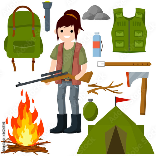 Woman hunter with gun. Survival kit in woods. Equipment for hunting animals. Tent, fire, ax, wood, backpack, green clothes, flashlight. Sniper with rifle with scope.